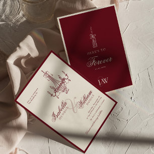 Invitation Mariage Classique Vintage Rouge Foncé Argent Ancie