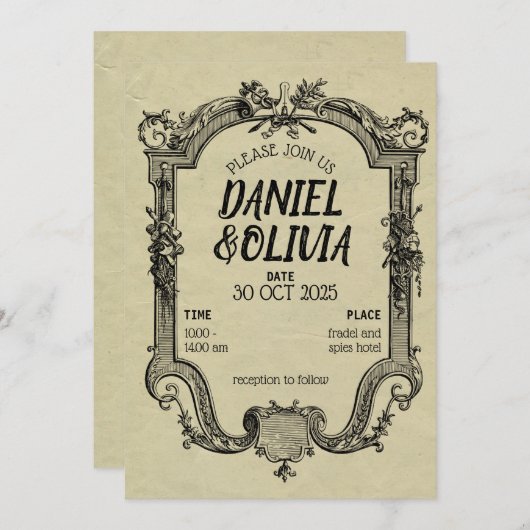 Invitation Mariage classique Vintage vert noir (Devant / Derrière)