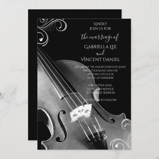 Invitation Mariage classique violon noir et blanc (Devant / Derrière)