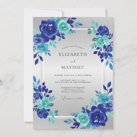 Invitation Mariage Cobalt Aqua Bloom (Devant)