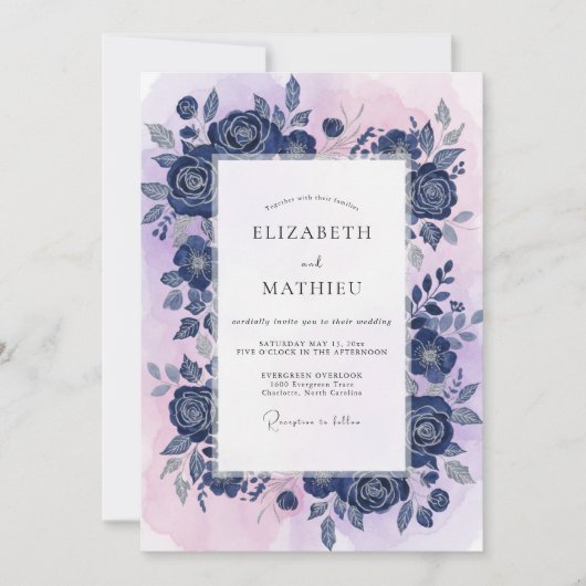 Invitation Mariage Cobalt Violet Rose (Devant)