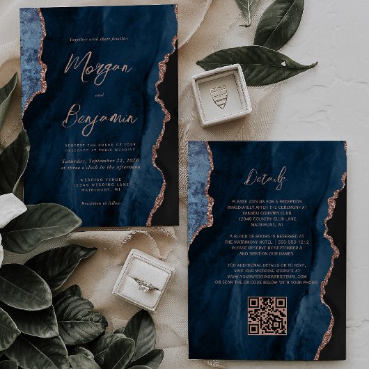 Invitation Mariage Code QR à l'écriture Agate Or Rose Bleu Ma