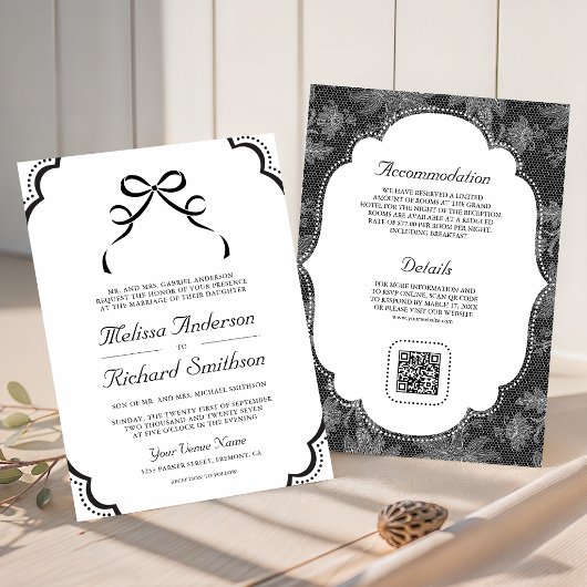 Invitation Mariage Code QR à nœud papillon en dentelle noir e