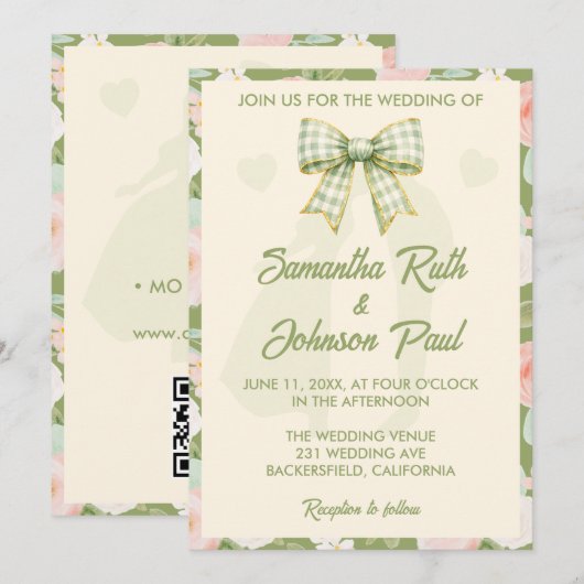 Invitation Mariage Code QR à Ruban Gingham Vert Fleur Sauvage (Devant / Derrière)
