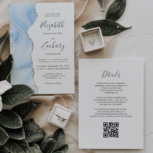 Invitation Mariage Code QR Agate Argent Bleu Bébé Moderne
