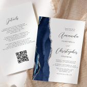 Invitation Mariage Code QR Agate Argent Bleu Marine