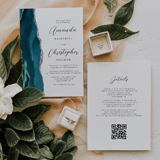 Invitation Mariage Code QR Agate Argent Bleu Sarcelle