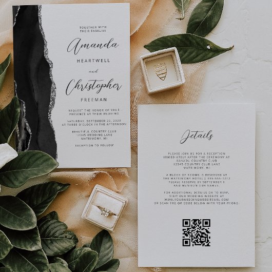 Invitation Mariage Code QR Agate Argent Noir