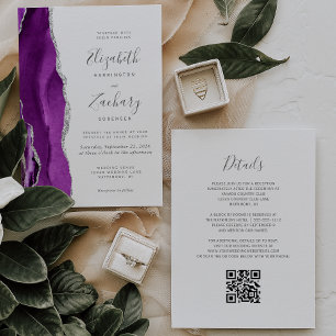Invitation Mariage Code QR Agate Argent Violet Moderne