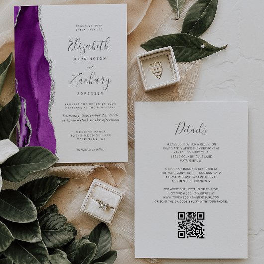 Invitation Mariage Code QR Agate Argent Violet Moderne