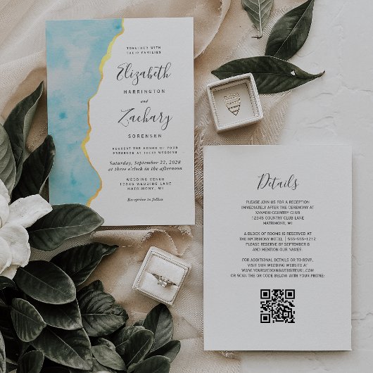 Invitation Mariage Code QR Agate Bleu Aqua Aquarelle Moderne