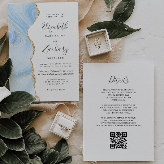 Invitation Mariage Code QR Agate Or Bleu Bébé Moderne