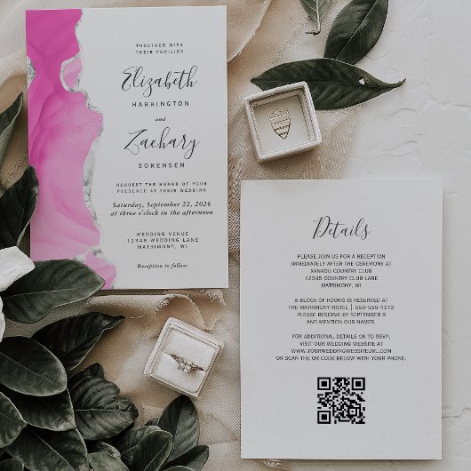 Invitation Mariage Code QR Agate Rose Moderne Argent