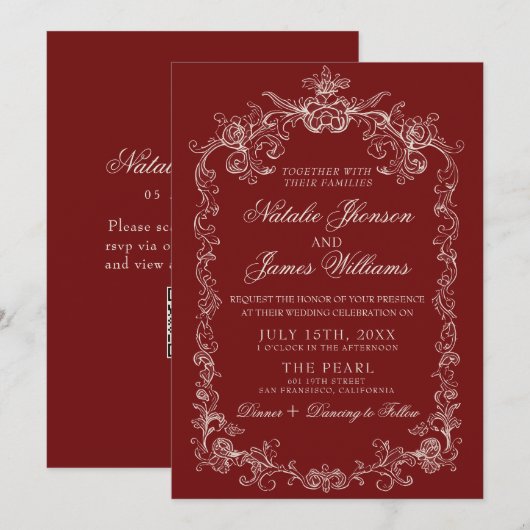 Invitation Mariage Code QR Ancien Argent Profond Rouge (Devant / Derrière)