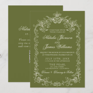 Invitation Mariage Code QR Ancien Argent Vert Olive