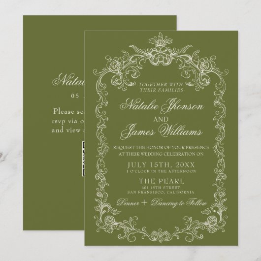 Invitation Mariage Code QR Ancien Argent Vert Olive (Devant / Derrière)