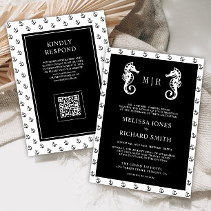 Invitation Mariage Code QR Ancre Nautique Noir Hippocampe