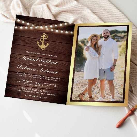 Invitation Mariage Code QR Ancre Or Bois Rustique Marin