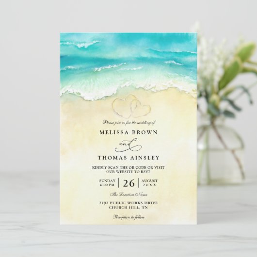 Invitation Mariage Code QR Aquarelle Cœur Plage Tropicale (Debout devant)