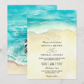 Invitation Mariage Code QR Aquarelle Cœur Plage Tropicale (Devant / Derrière)
