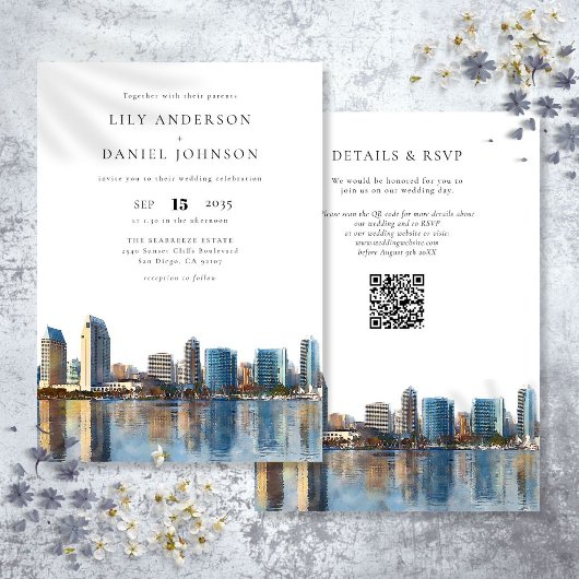Invitation Mariage code QR aquarelle de la skyline de San Die