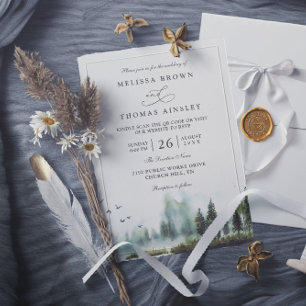 Invitation Mariage code QR aquarelle du lac forestier en bois