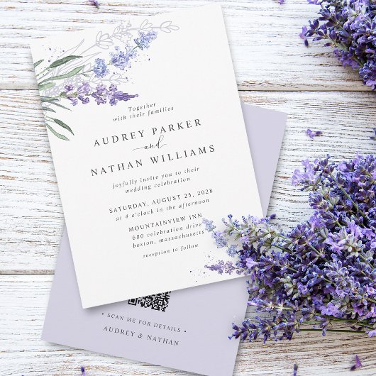 Invitation Mariage code QR aquarelle lavande romantique