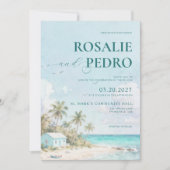 Invitation Mariage Code QR Aquarelle Plage Été Bleu (Devant)