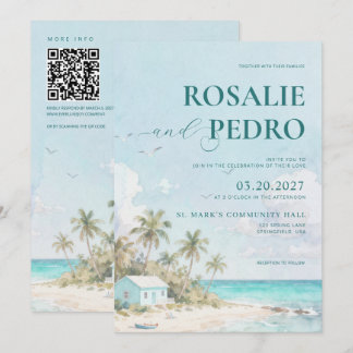 Invitation Mariage Code QR Aquarelle Plage Été Bleu