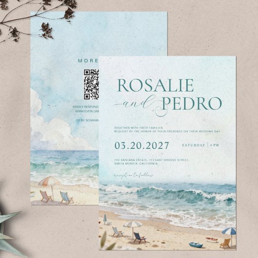 Invitation Mariage Code QR Aquarelle Plage Été Ciel Bleu