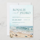 Invitation Mariage Code QR Aquarelle Plage Été Ciel Bleu (Devant)