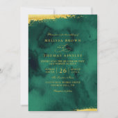 Invitation Mariage Code QR Aquarelle Vert Émeraude Or (Devant)