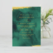 Invitation Mariage Code QR Aquarelle Vert Émeraude Or (Debout devant)
