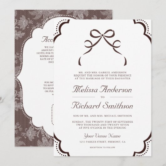 Invitation Mariage Code QR Arc Bow Coquette Brun Espresso (Devant / Derrière)