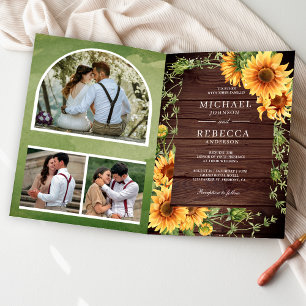 Invitation Mariage Code QR Arch Photo Tournesols Bois Rustiqu
