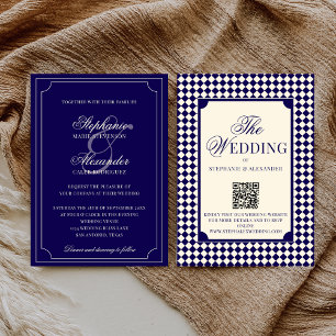 Invitation Mariage Code QR Argent Ancien à Carreaux Navy Vint
