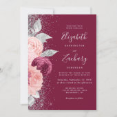 Invitation Mariage Code QR Argent Fleurs Bourguignon Blush (Devant)