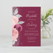 Invitation Mariage Code QR Argent Fleurs Bourguignon Blush (Debout devant)