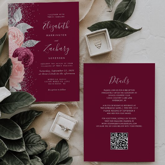 Invitation Mariage Code QR Argent Fleurs Bourguignon Blush