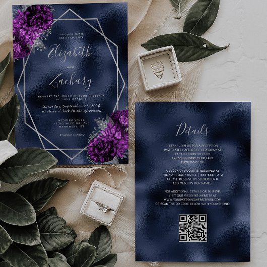 Invitation Mariage Code QR Argent Violet Floral Bleu Marine