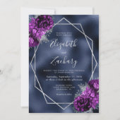 Invitation Mariage Code QR Argent Violet Floral Bleu Marine (Devant)