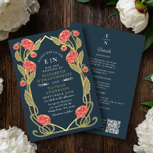 Invitation Mariage Code QR Art Nouveau Élégant Rose