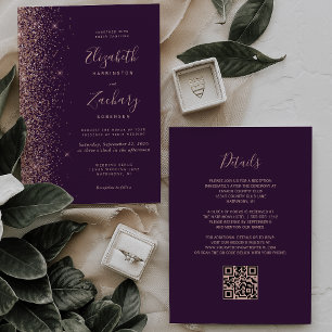 Invitation Mariage Code QR avec Bordure Pailletée Or Rose Vio