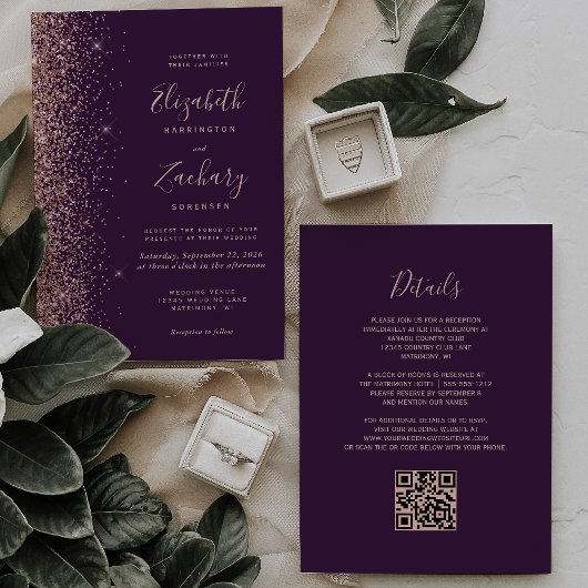 Invitation Mariage Code QR avec Bordure Pailletée Or Rose Vio