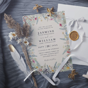 Invitation Mariage code QR beige fougère fleur sauvage vintag