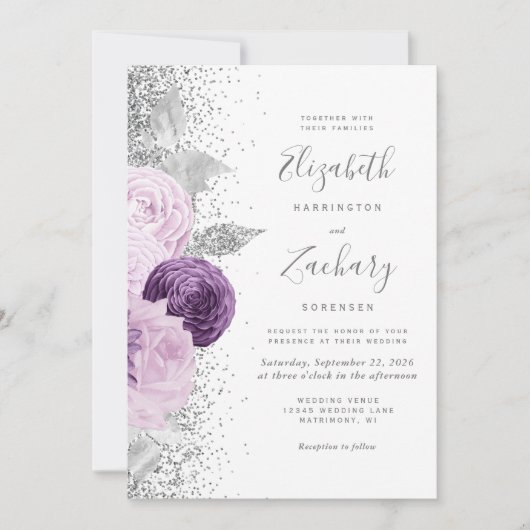 Invitation Mariage Code QR Blanc Paillettes Argent Violet Flo (Devant)