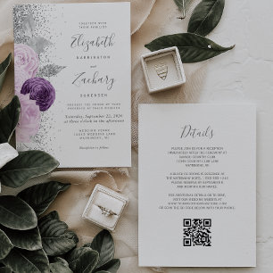 Invitation Mariage Code QR Blanc Paillettes Argent Violet Flo