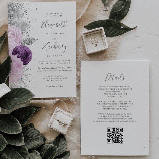 Invitation Mariage Code QR Blanc Paillettes Argent Violet Flo