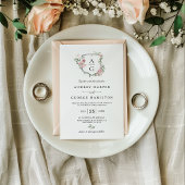 Invitation Mariage Code QR Blason Monogramme Floral Rose Pâle