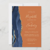 Invitation Mariage Code QR Bleu Nuit Agate Or Brûlé Orange (Devant)